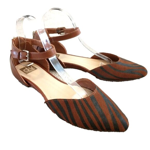 Dolce Vita Brown Leather Pointed Toe Ankle Wrap Back Zip Flats - Sz 10M - Picture 1 of 12